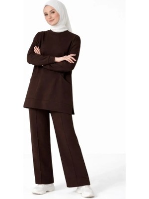 Pazarcan Osy Modal Yumuşak Dokulu Kumaş Tesettür Cepli Tunik Pantolon Takım - Kahverengi