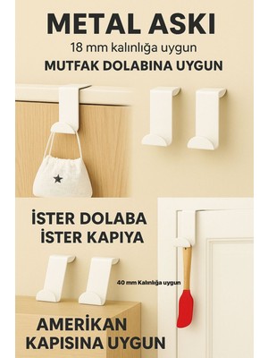 Normadia 4'lü Beyaz Mutfak Dolap Askısı, Metal Amerikan Kapı Askılığı Seti