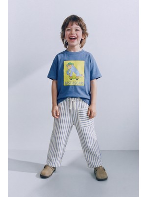 Magu Erkek Çocuk Pamuklu Mavi Maymun Baskılı T-Shirt ve Çizgili Eşofman Takım