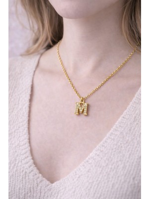 Dasemura 316L Çelik Gold Renk Zirkon Taşlı Harf Kolye - Kişiye Özel Isim Baş Harfli Zincir - E Harfi