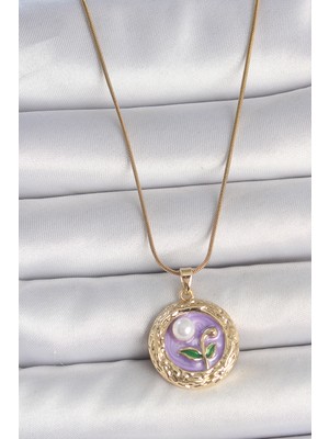Tp 316L Çelik Gold Renk Zincir Mor Çiçek Işlemeli Inci Detay Potre Model Kadın Kolye - Lisinya