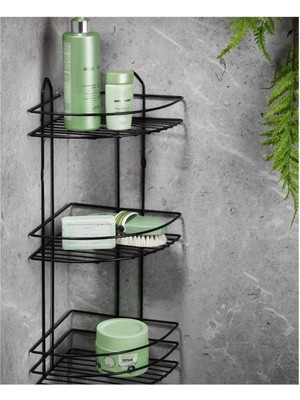 abnturk 48 cm 3 Katlı Banyo Köşeliği Düzenleyici Şampuanlık Paslanmaz Metal Köşelik Duş Rafı