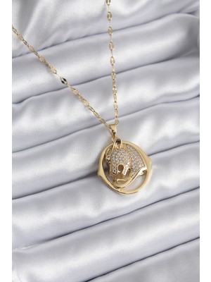 Tp 316L Çelik Gold Renk Zirkon Taşlı Jaguar Model Kadın Kolye - Lisinya
