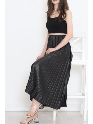 Tp Zarif ve Modern Pileli Parlak Krep Gizli Lastikli Siyah Etek ( Lisinya )