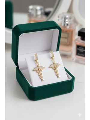 Lia Charm Vıp Gold Kaplama Zirkon Taşlı Kadüse Anahtar Küpe - Özel Tasarım Sallantılı Küpe