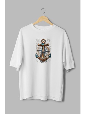 Overoz Denizci Çapa Baskılı Yarı Oversize Beyaz T-Shirt 1176