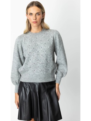 On Fashion Kadın Incili Baklava Desenli Gri Kazak 63316