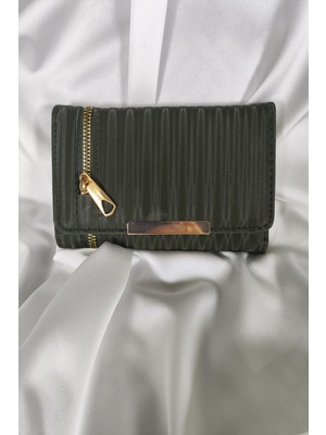 Belirtilmemiş Haki Kadın Cüzdanı Çıtçıtlı Kapaklı, Içten Fermuarlı, Kartlık Bölmeli
