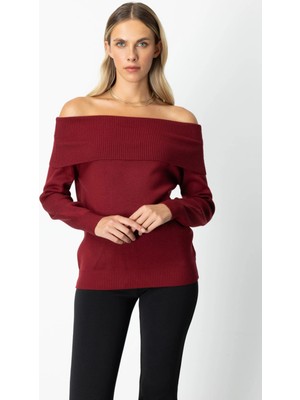 On Fashion Kadın Omzu Açık Bordo Kazak 65380