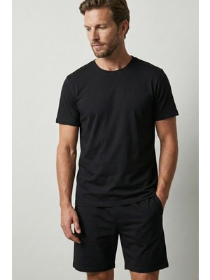 Elemge Pamuk Elastan Süprem Erkek Pijama Takımı Şort & T-Shirt Rahat Kalıp Siyah Cepli Ince Compact Penye