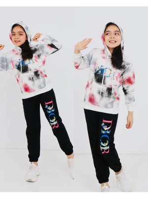 Renkli Dior Kapşonlu Kız Çocuk Eşofman Takımı Tuhfetower