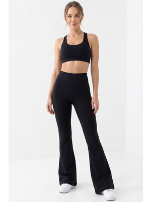 Onlio Giyim Ispanyol Paça Yüksek Bel, Toparlayıcı  Esnek Iç Göstermez Kadın Tayt Siyah