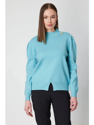 On Fashion Kadın Düğmeli Omuz Detaylı Turkuaz Kazak 65331