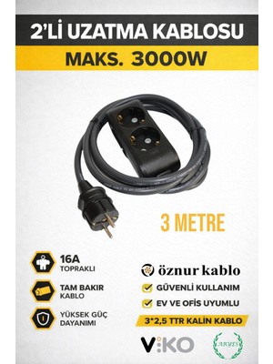 2’li Uzatma Kablosu Topraklı Kalın Tam Bakır Uzatma Prizi Güvenli Dayanıklı