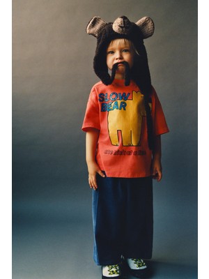 Magu Unisex Çocuk Pamuklu Kırmızı Ayı Baskılı T-Shirt ve Lacivert Eşofman Takım