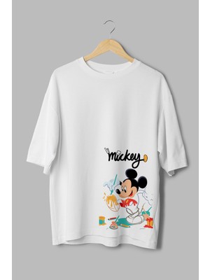 Overoz Mickey Mouse Baskılı Yarı Oversize Beyaz T-Shirt 1165