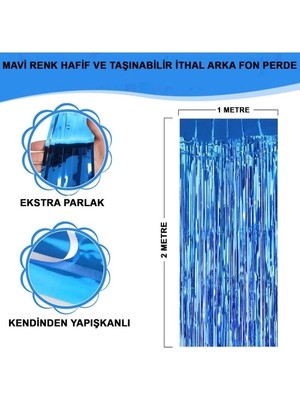 Tp Buğz Ekstra Metalize Mavi Renk Saçaklı Arka Fon Perde 1x2 Metre