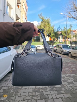 Valentina Victoria Hakiki Deri  Leopar Kombinli  Kadın El Çanta