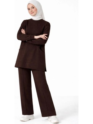 Osy Modal Yumuşak Dokulu Kumaş Tesettür Cepli Tunik Pantolon Takım - Kahverengi