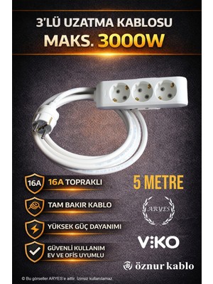3’lü 5 Metre Uzatma Kablosu 3x2,5 Ttr Tam Bakır Kalın Kablo 3000W Güvenli Kullanım