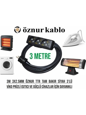 3'lü Priz 3m Öznur Ttr 3x2.5mm Tam Bakır Siyah – Isıtıcı ve Yüksek Akım Cihazlarına Uygun