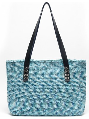 Lume Store El Yapımı Suni Deri Saplı Hasır Görünümlü Mavi Tote Çanta El Yapımı