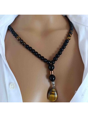 Hakiki Kaplan Gözü & Oniks Taşı Kolye 8 mm – Esnek Kalın Misinalı – Çivi Model Uçlu – 45-55 cm – Sertifikalı – Mdf Ahşap Hediye Kutulu