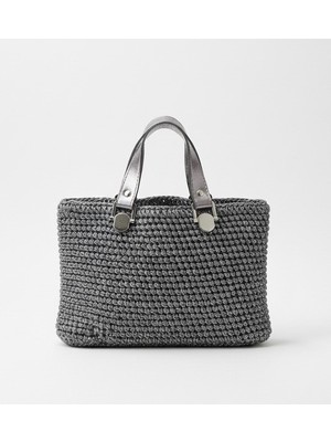 El Yapımı Gümüş Renk Tote Mini El Çantası Handmade