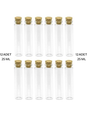 12 ADET ( 25ML ) ( Çok Amaçlı & Dekoratif ) ( Boş Tüp ) Cam Şişe Mantar Kapaklı