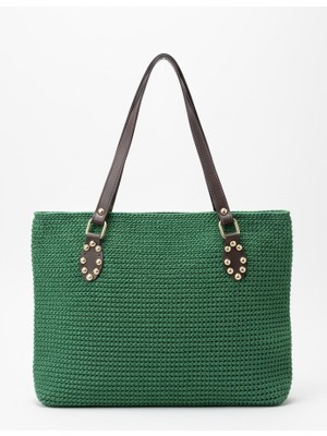 El Yapımı Suni Deri Saplı Hasır Görünümlü Yeşil Tote Çanta Handmade