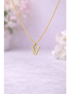 Dasemura 316L Çelik Gold Renk Zirkon Taşlı Harf Kolye - Kişiye Özel Isim Baş Harfli Zincir - V Harfi