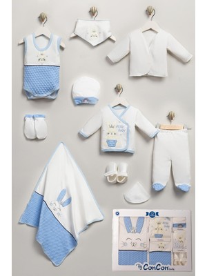 Concon Hediye Kutulu Yenidoğan 10’lu Hastane Çıkış Seti %100 Pamuk Erkek Doğum Hediyesi için Hazır Nohut Tavşan Desenli