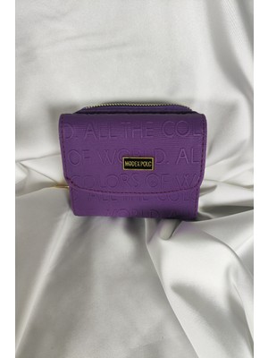 Belirtilmemiş Mor Kabartma Yazılı Kadın Cüzdanı Çıtçıtlı Kapaklı, Içten Fermuarlı, Kartlık Bölmeli