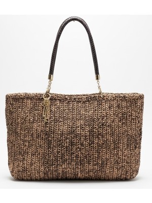 Lume Store El Yapımı Suni Deri Saplı Hasır Görünümlü Charmlı Tote Çanta Handmade