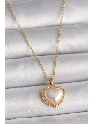 Tp 316L Çelik Gold Renk Zincir 3D Inci Kalp Model Kadın Kolye - Lisinya