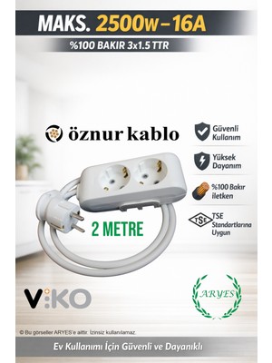 2li Priz Uzatma Kablosu 2 Metre 3x1.5 Ttr Topraklı Kaliteli