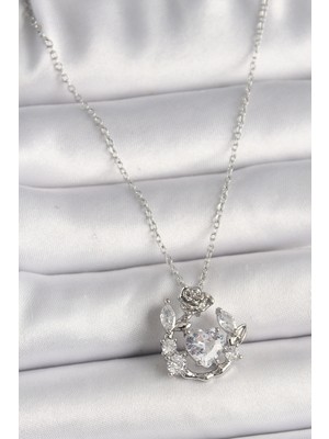 Tp 316L Çelik Gümüş Renk Zincir Zirkon Taşlı Kalp Figür Gül Detay Kadın Kolye - Lisinya