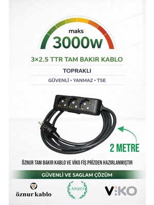 3’lü Priz 2 Metre Uzatma Kablosu | Öznur 3x2.5 Ttr %100 Bakır | Güçlü & Güvenli
