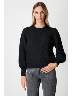 On Fashion Kadın Incili Baklava Desenli Siyah Kazak 63316