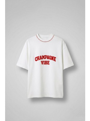 Abluka Online Erkek Oversize Premium Kontrast Yaka Baskılı T-Shirt Ekru