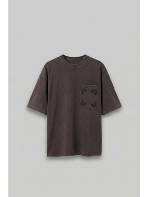 Abluka Online Erkek Oversize Premium Cep Nakışlı T-Shirt Kahverengi