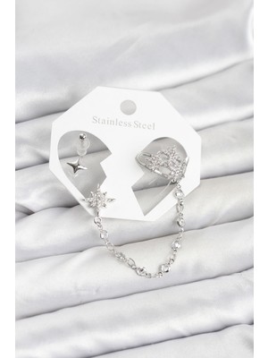 Tp Kutup Yıldızı Model Pirinç Gümüş Renk Zincir Bağlantılı Ear Cuff Küpe Seti - Lisinya