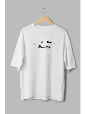 Overoz Klasik Araba Ford Mustang Baskılı Yarı Oversize Beyaz T-Shirt 1184