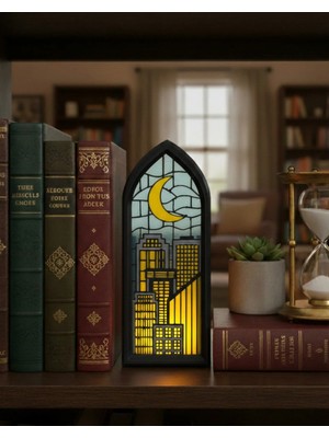 Heroicrafts Studio Şehir Tasarımlı Işıklı Kitap Tutucu - Pla Fantasy Book Nook, Vitray Tarzı, LED Mum Işıklı Dekor