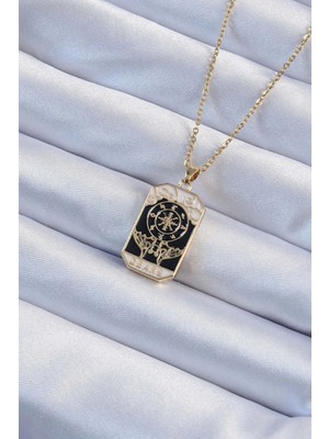 Tp Buğz 316L Çelik Zincir Altın Renk Işlemeli Siyah Mineli Tarot Kolye