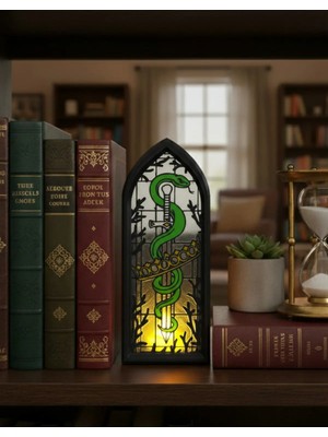 Heroicrafts Studio Yılan Tasarımlı Işıklı Kitap Tutucu - Pla Fantasy Book Nook, Vitray Tarzı, LED Mum Işıklı Dekor