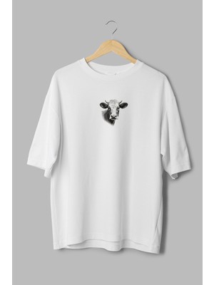 Overoz Öküz Baskılı Yarı Oversize Beyaz T-Shirt 1188