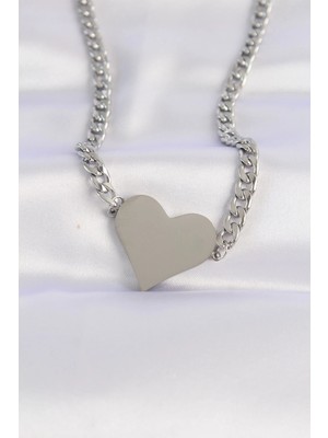 Tp Buğz 316L Çelik Zincir Gümüş Renk Düz Plaka Kalp Kolye