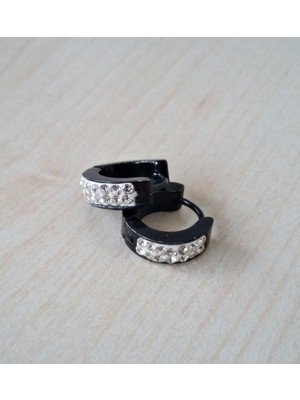 Madamera Çelik Küpe Zirkon Taşlı Halka Küpe Kadın Küpe Siyah MÇKU162