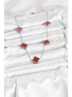 Tp Buğz 316L Çelik Zincir Gümüş Renk Bordo Renk Yonca Kadın Kolye